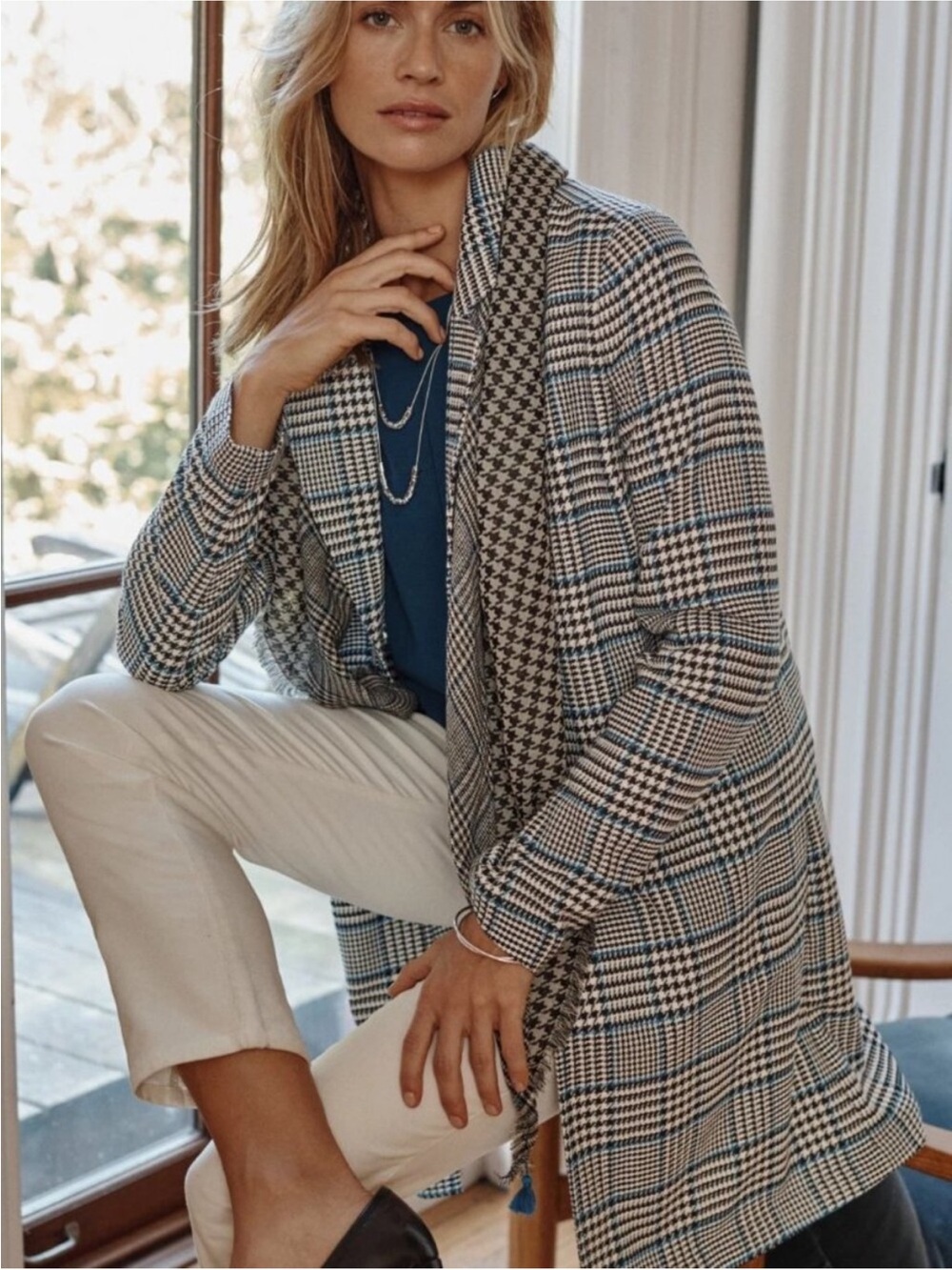 J.Jill Blue Glen Plaid Longline Blazer Jacket Double Breasted Duster Size MP